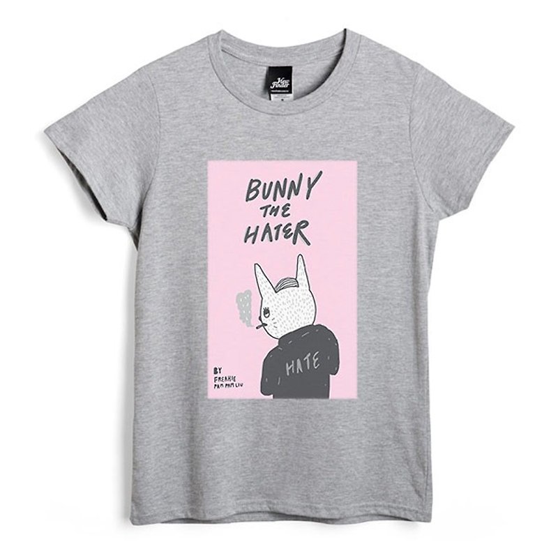 Hate rabbit - deep gray - female version of T - shirt - เสื้อยืดผู้หญิง - ผ้าฝ้าย/ผ้าลินิน สีเทา