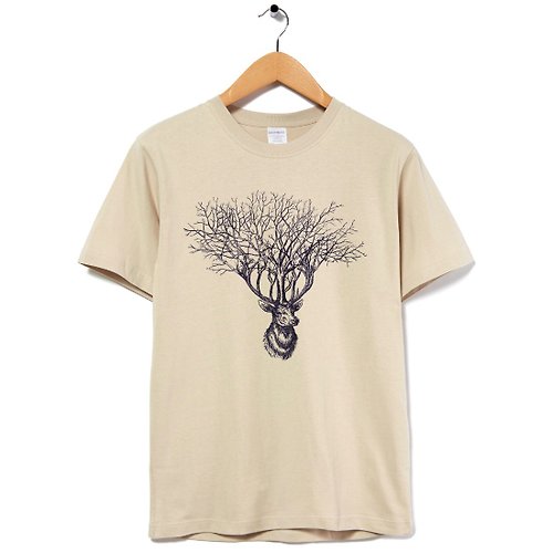 hipster Deer Tree 中性短袖T恤 卡其色 鹿樹動物文青禮物北歐聖誕交換