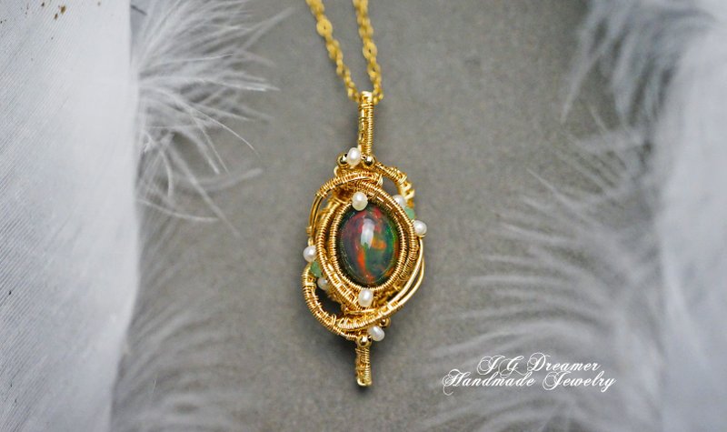 Pure handmade 14K gold wrapped thread black Opal emerald necklace - Necklaces - Gemstone Multicolor