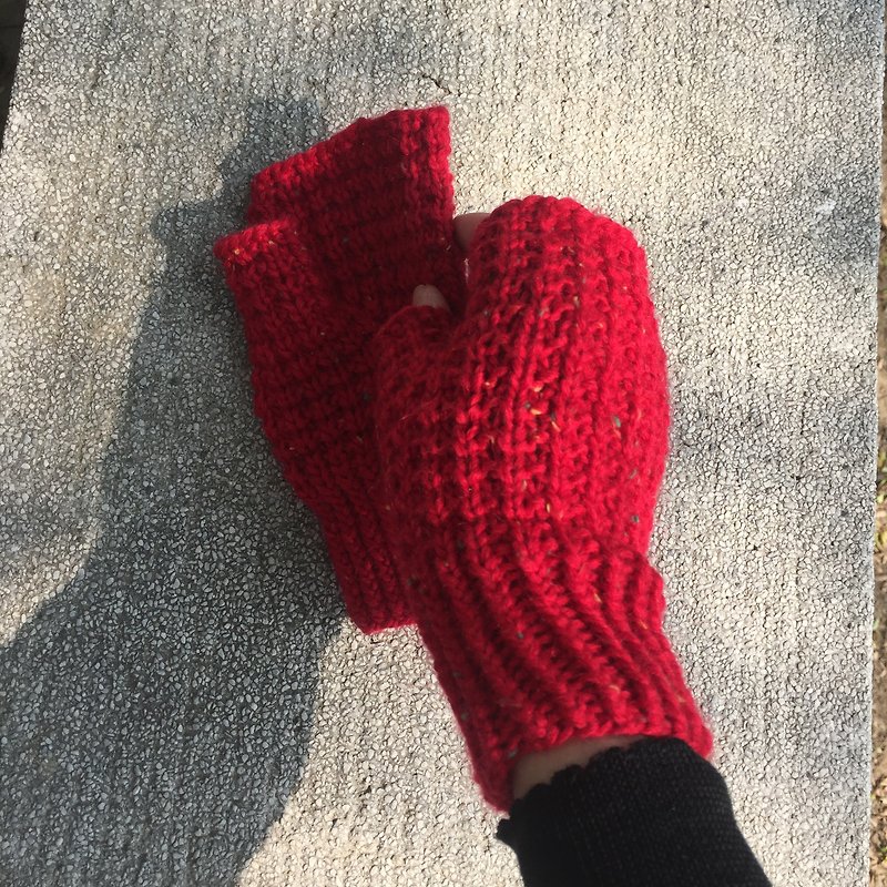 曉織物 手工編織彩點羊毛露指手套 大紅 - 手套/手襪 - 羊毛 紅色