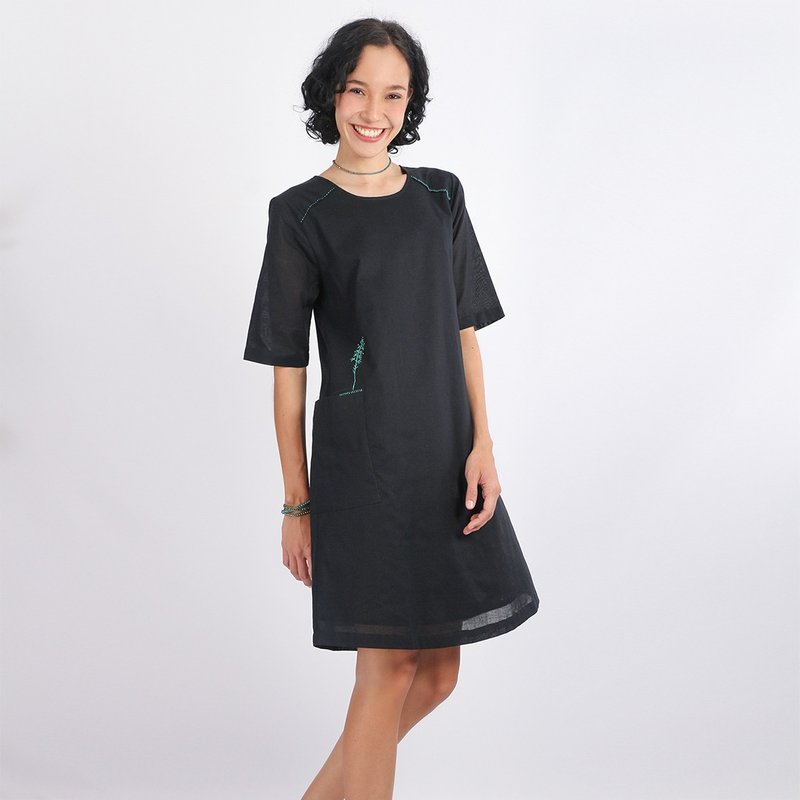 Summer Cotton Dress, Casual Dress, Vase, ฺBlack - One Piece Dresses - Cotton & Hemp Black