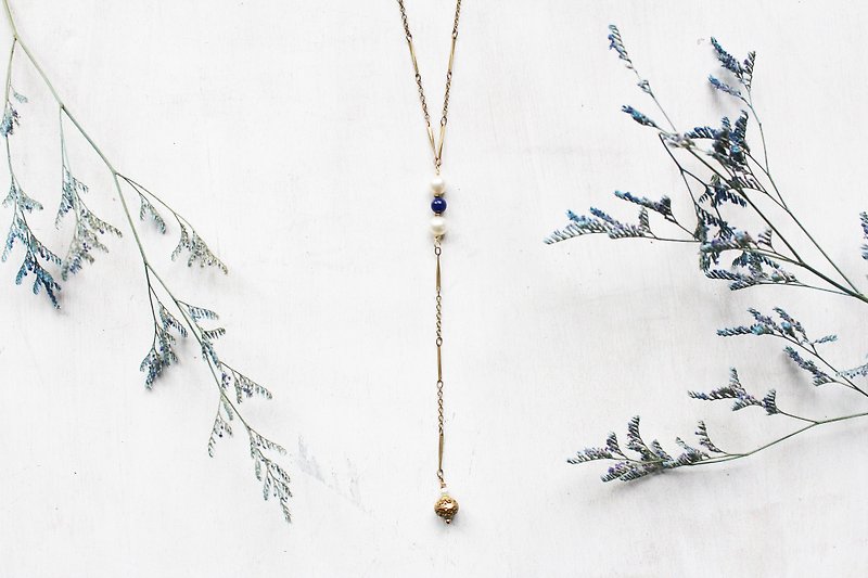 September Birthstone - Lapis lazuli Irregular Lapis Pearl Design Y-Length Necklace - Necklaces - Gemstone Blue