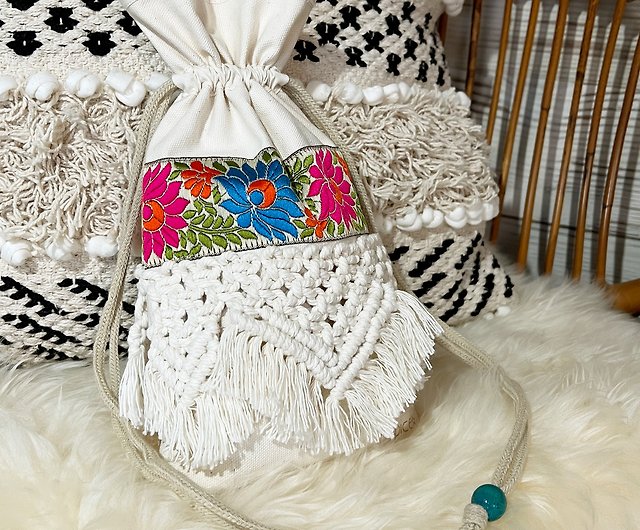 マクラメ編み インド刺繍 巾着バッグ - ショップ atelierSpice トート 