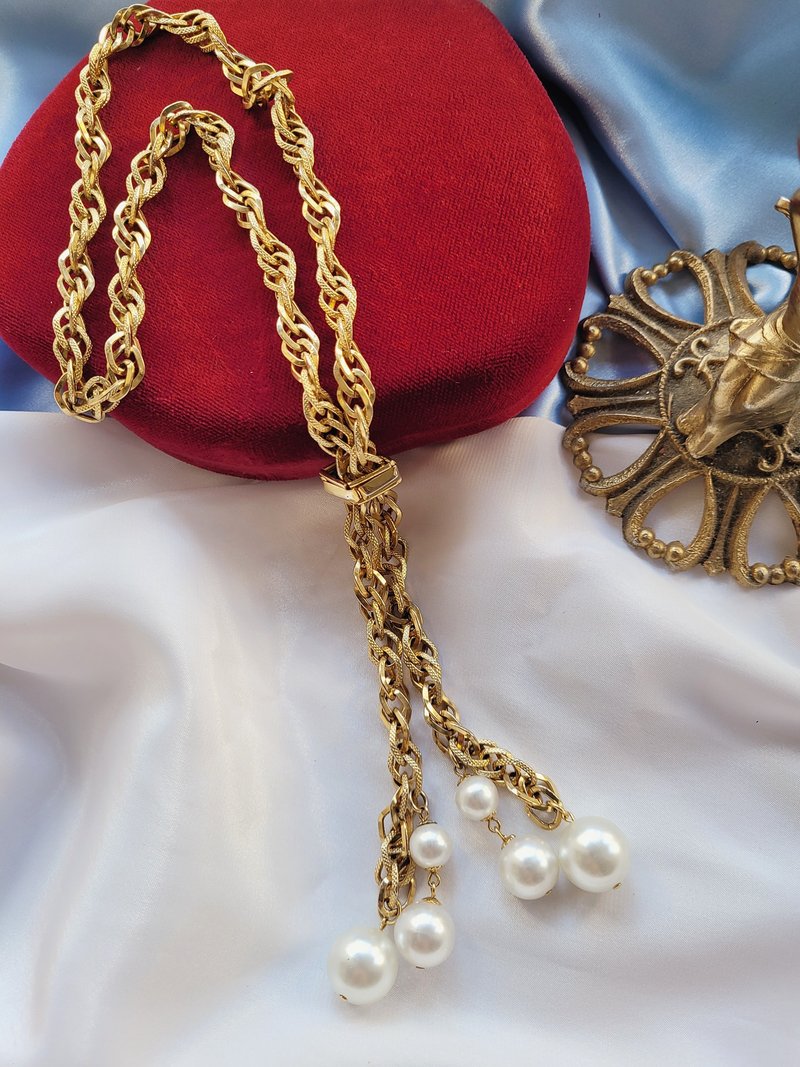 American Western Antique Jewelry/Golden String Twist Pearl Fringe Ball Modern Necklace/Vintage Jewelry - Necklaces - Other Metals 