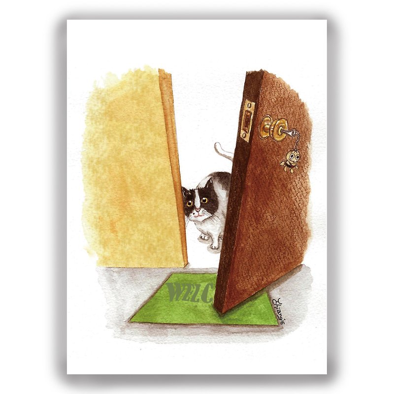 手描きイラストユニバーサルカード/カード/ポストカード/イラストカード-ベンツ猫、白黒猫、ゲートキーパー - カード・はがき - 紙 
