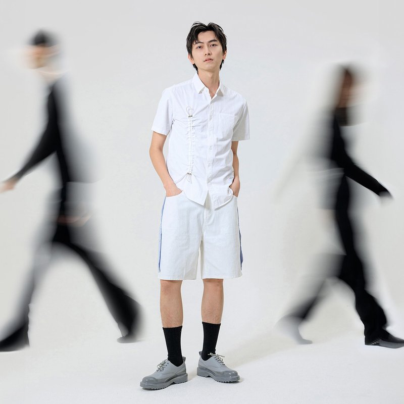 單邊抽繩短袖襯衫 - 男襯衫/休閒襯衫 - 棉．麻 白色