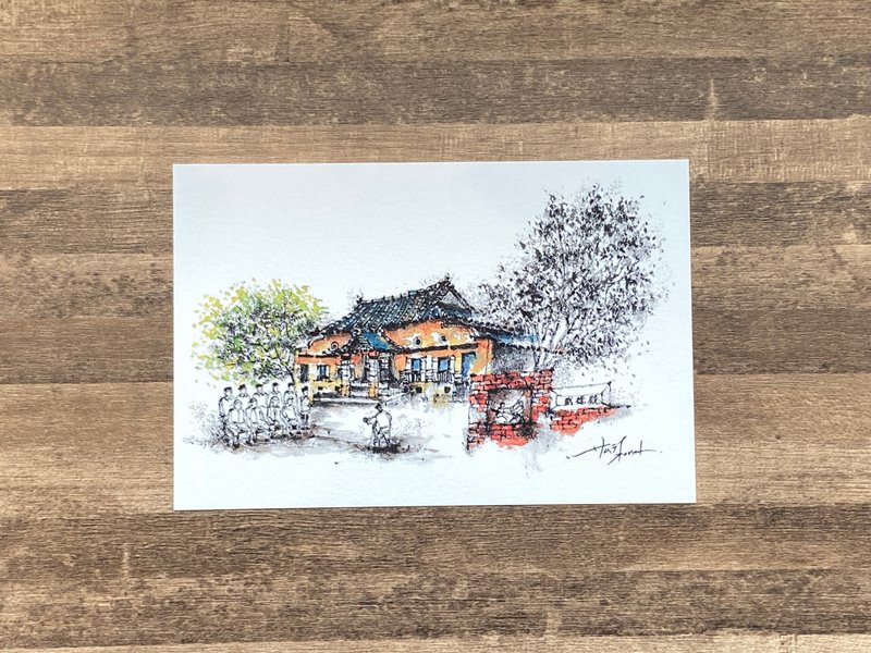 Dead branch pen sketch of Tainan attractions Xinhua Wude Temple watercolor illustration hand-painted postcard - Cards & Postcards - Paper 