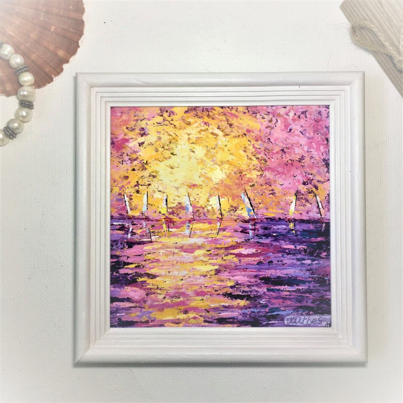 Sailboat Painting Original Seascape Miniature Landscape Small Painting Wall Art - Wall Décor - Paper Purple