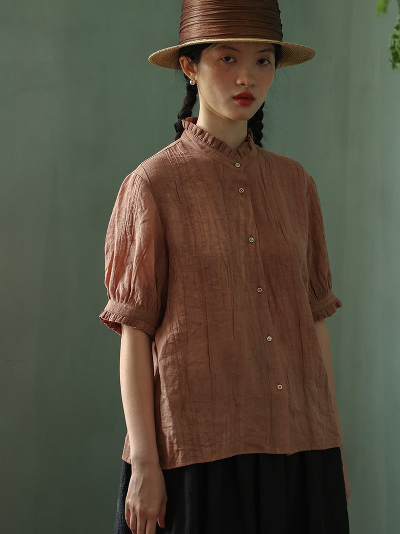 Literary retro tie-dye ramie texture pleated lace short-sleeved shirt top - Women's Tops - Cotton & Hemp Multicolor