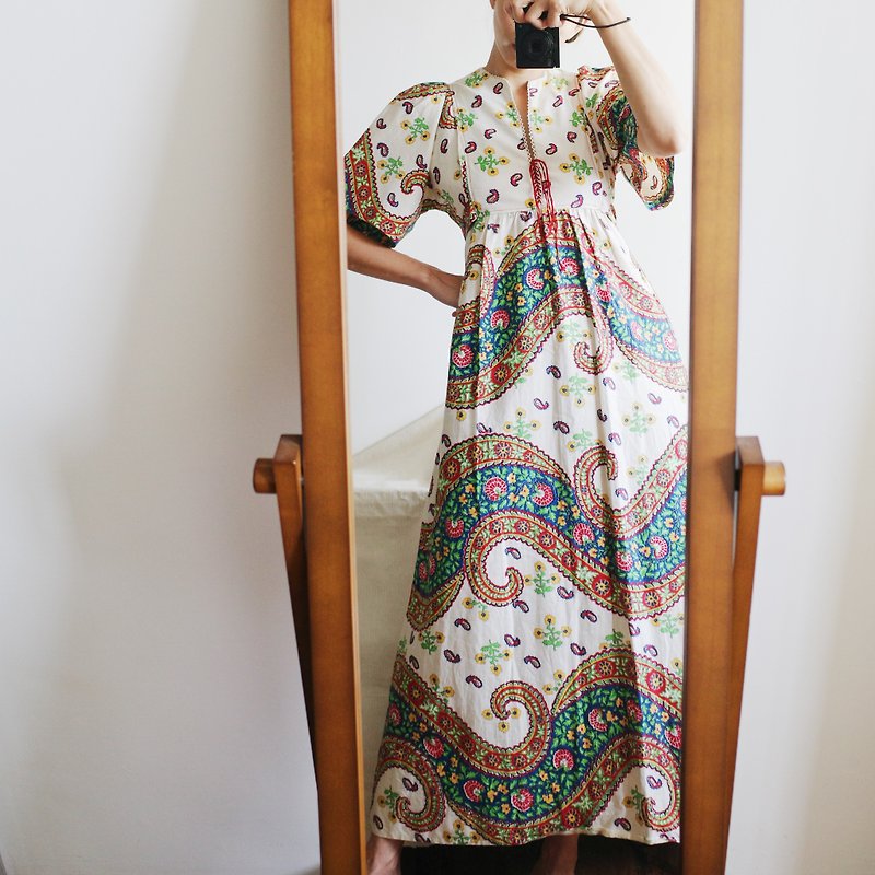 Vintage 70s Candi jones dress 70s ethnic paisley totem dress - ชุดเดรส - ผ้าฝ้าย/ผ้าลินิน 