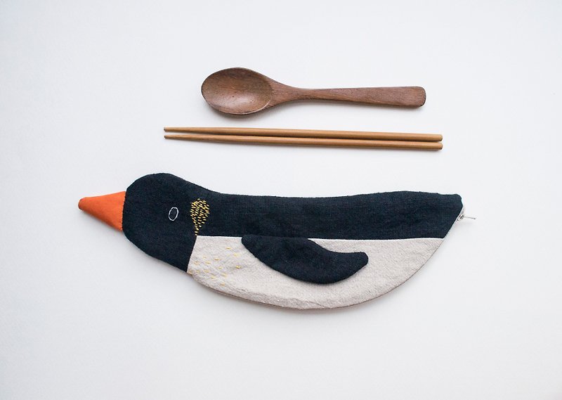 Penguin travel cutlery pouch case - Soot - Chopsticks - Cotton & Hemp Multicolor