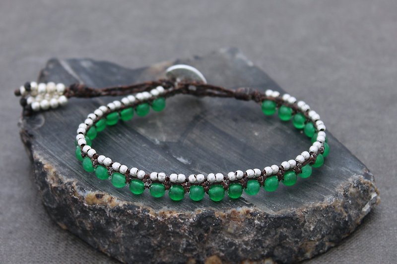 Jade Woven Bracelets Beaded Silver Macrame Boho Handmade - สร้อยข้อมือ - หิน สีเขียว
