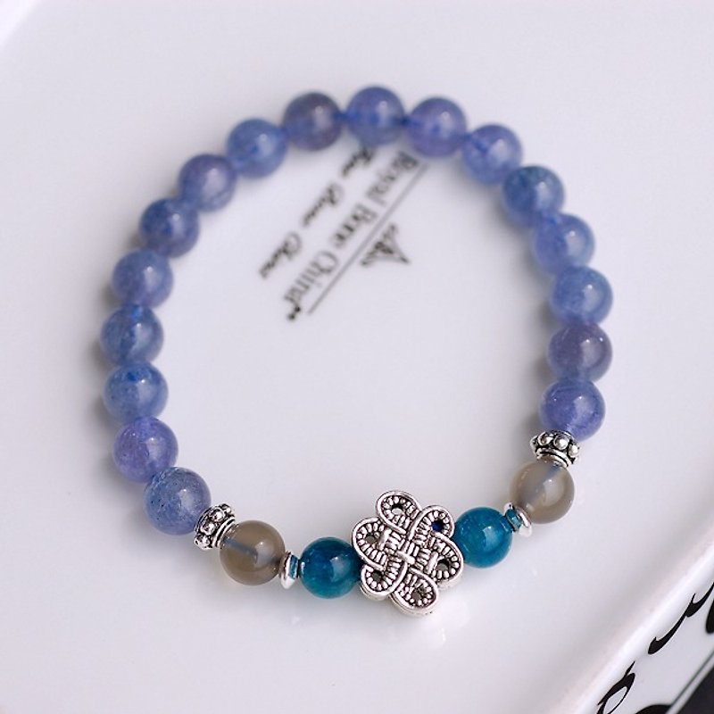 Danquan stone*apatite*gray moonlight stone * auspicious silver bracelet - Bracelets - Gemstone Blue