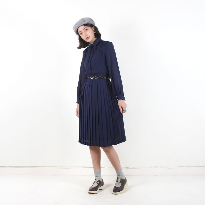 Ancient】 【egg plant Ocean Springs pleated vintage dress - One Piece Dresses - Polyester Blue