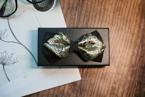 小可愛和小領帶 黑色金絲竹影鑽石結雙層婚宴新郎真絲領結