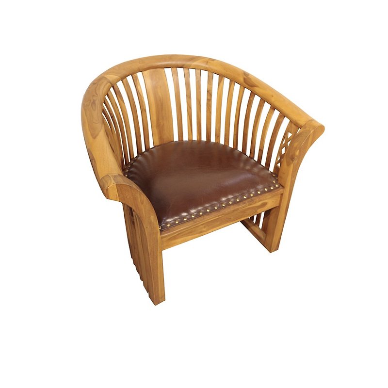 [Jidi City Teak Furniture] Teak Carved Round Back Leather Cushion Chair UNC1-59CCSL Low Stool Chair - Chairs & Sofas - Wood 