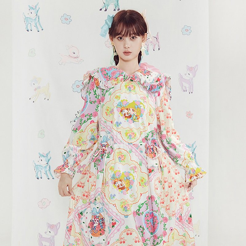Cute Handkerchief Print Navy Neck A-Line Long Sleeve Princess Dress - One Piece Dresses - Other Materials Multicolor