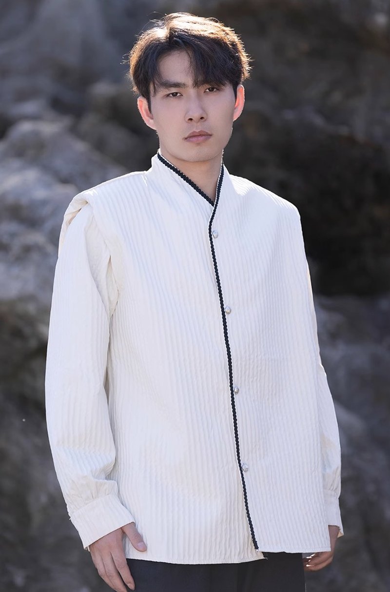 中式復古 肌理感漢服襯衫上衣 - 男襯衫/休閒襯衫 - 其他材質 白色