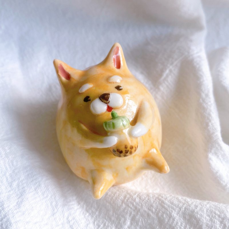 [Final sale | 3/31 out of print] Handmade pottery - Handmade Shiba Inu porcelain doll - Pearl milk tea lying - Stuffed Dolls & Figurines - Porcelain Orange