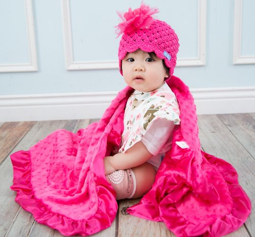 Cutie Bella 美好生活精品館 Minky荷葉邊 點點顆粒 攜帶毯嬰兒毯冷氣毯被 玫瑰紅Rose Pink