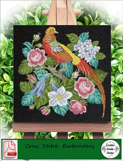 CreativeStudioElenka Vintage Cross Stitch Scheme Pheasant and bouquet - PDF Embroidery Scheme