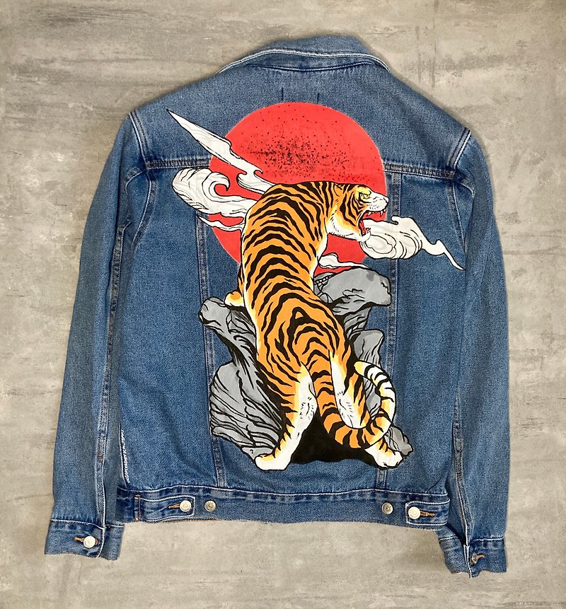 Hand painted denim jacket Tiger, painted denim jacket, custom denim jacket, cust - 男夾克/外套 - 棉．麻 藍色