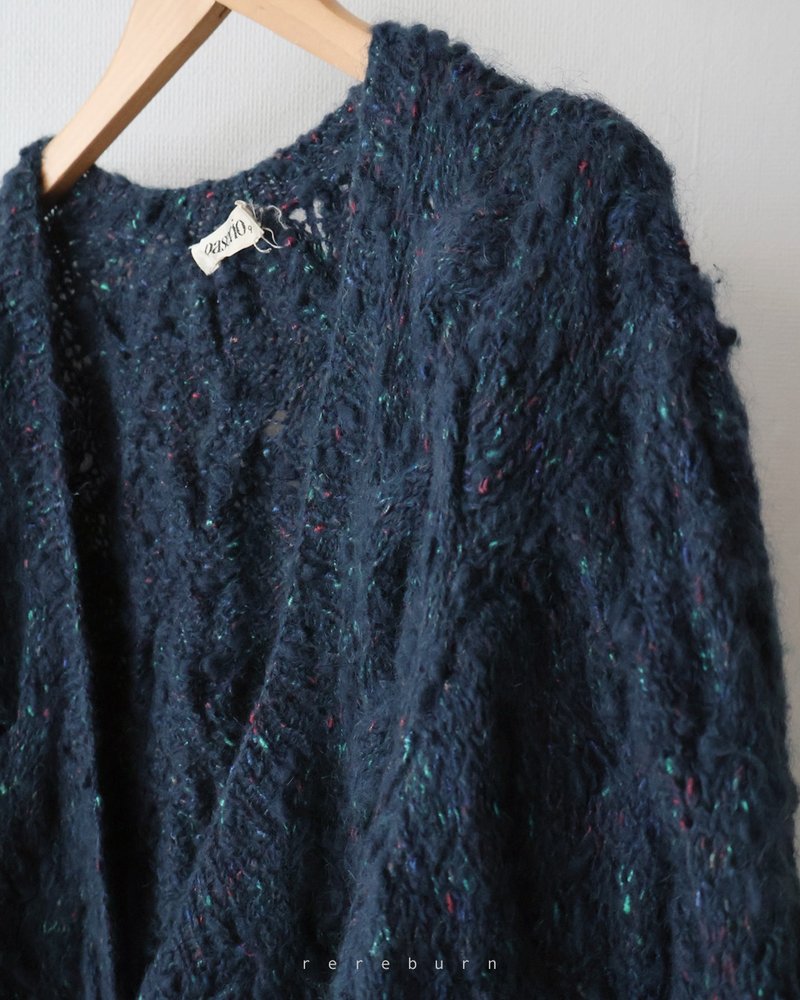 Winter retro neutral Japanese geometric knitted loose dark blue wool vintage sweater jacket - Women's Sweaters - Wool Blue