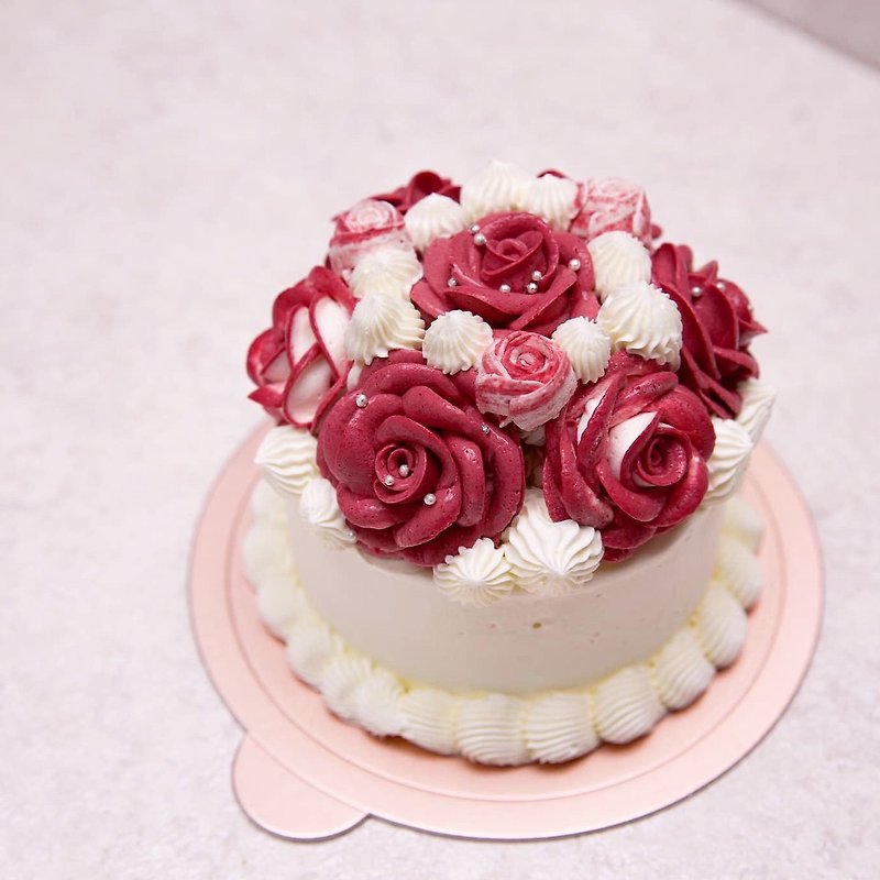【母の日ケーキ】【フルホール】4インチローズブーケ/バラ/バースデーケーキ/5日後 - ケーキ・デザート - 食材 ピンク