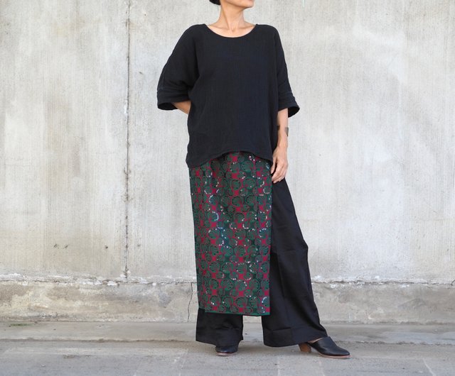 Loose straight pants with full embroidery / wrap skirt - 設計館