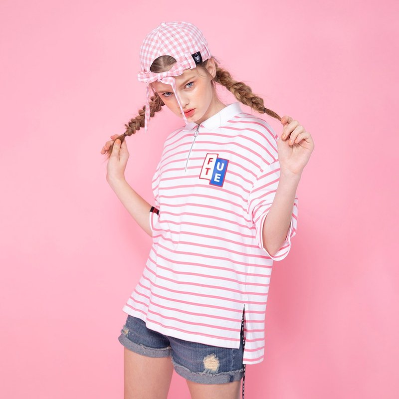 UNISEX OVERSIZED STRIPED POLO SHIRT/  Pink white stripes - Unisex Hoodies & T-Shirts - Cotton & Hemp Pink