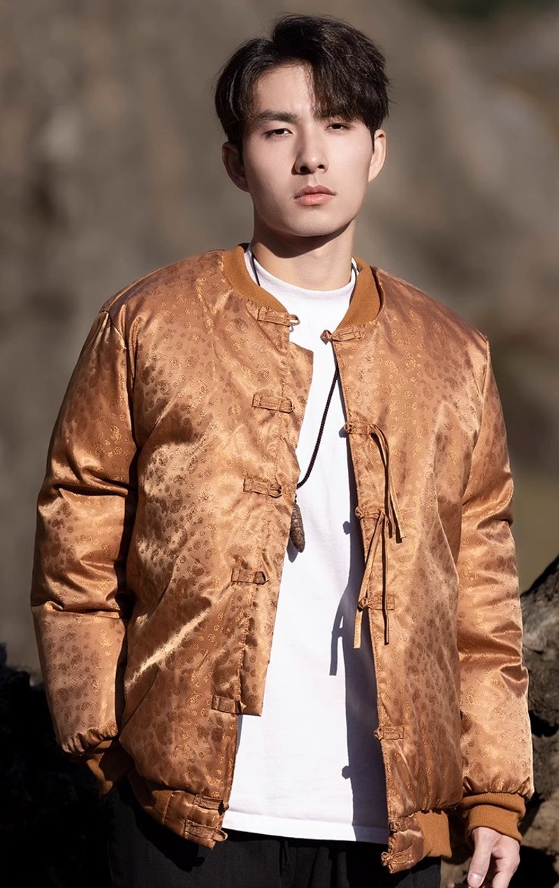 中式復古 立領盤扣唐裝棉服 - 男夾克/外套 - 其他材質 卡其色