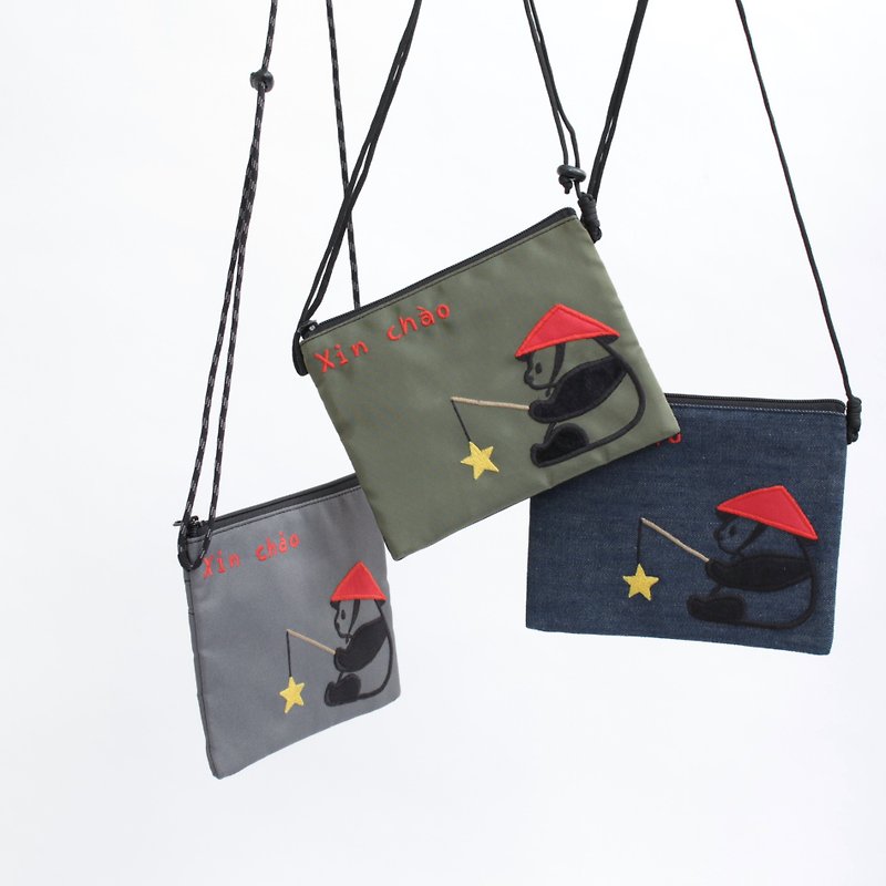 XinChao Panda embroidery / embroidery - กระเป๋าเครื่องสำอาง - ไนลอน สีเทา