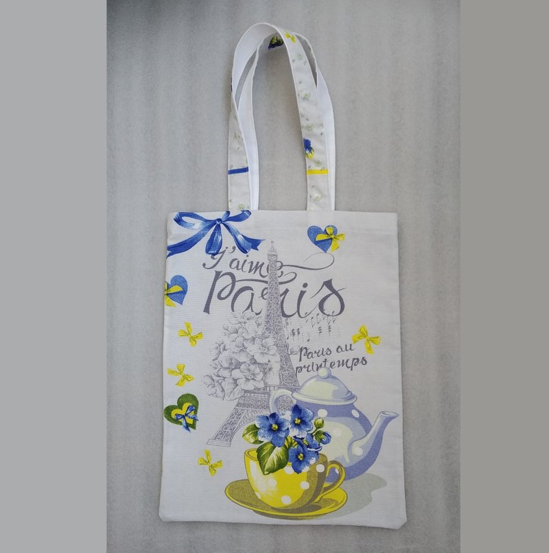 Strong reusable blue tote bag, eco friendly, cotton canvas soft bag with violets - 手提包/手提袋 - 棉．麻 藍色
