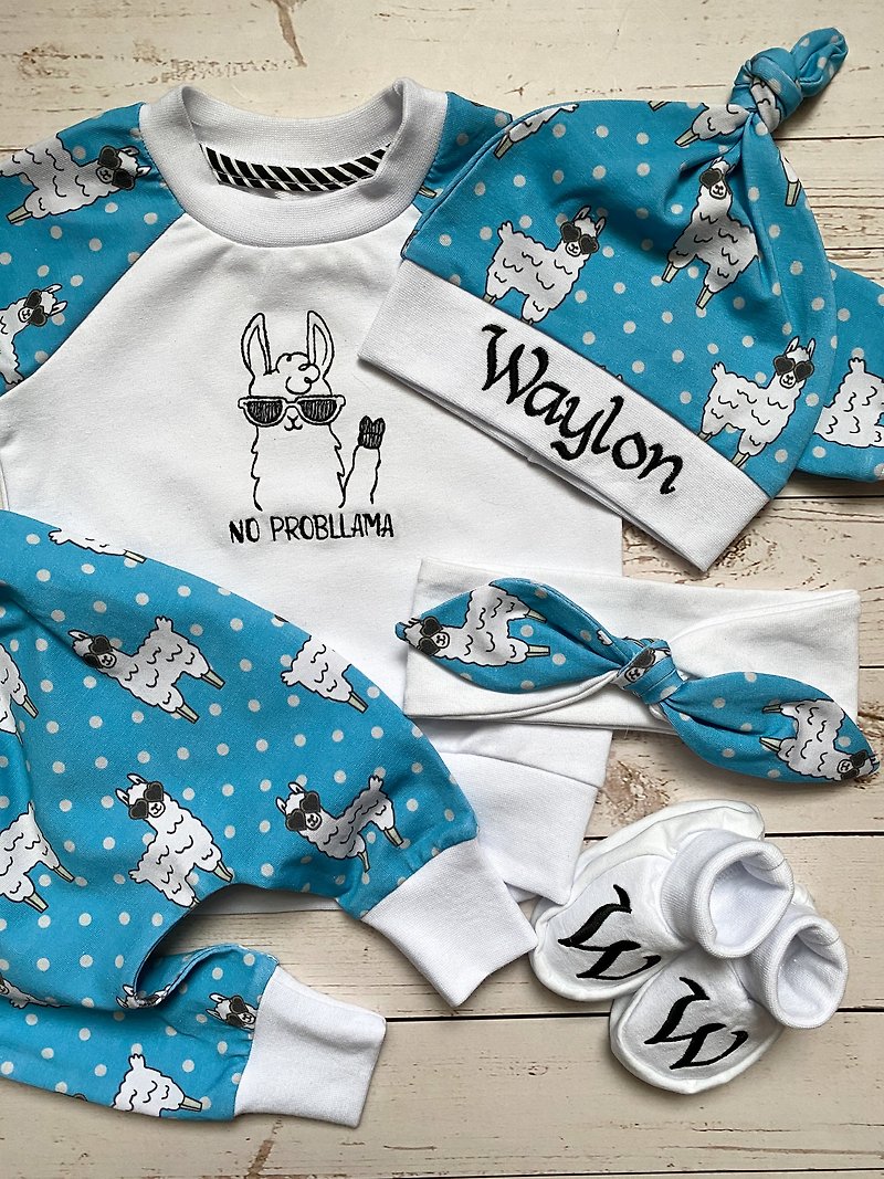 棉．麻 彌月禮盒 藍色 - Llama baby outfit animal matching set newborn shirt moon gift set
