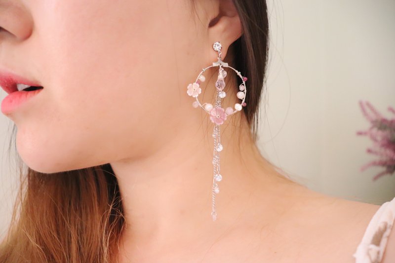Light Pink Cherry Blossoms & Crystals Drop 925 Silver Post Earrings - Earrings & Clip-ons - Crystal Pink