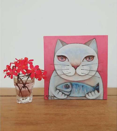 iamfineart Original cat painting on canvas 15x15cm.cat with fish