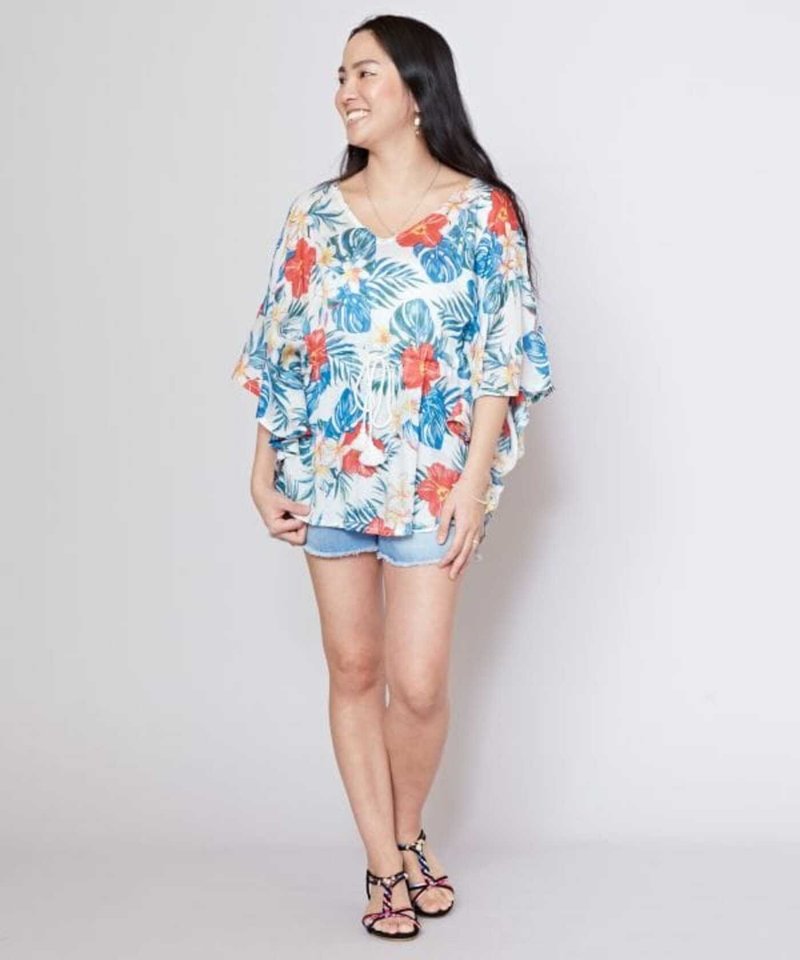 【熱門預購】抗UV 海風花語夏威夷印花斗篷式上衣 (2色) 4IA-5230 - 女上衣/長袖上衣 - 棉．麻 