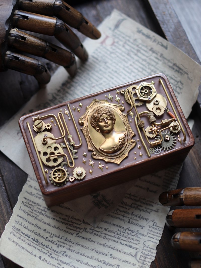 Retro style walnut jewelry box machine and lady - Other - Copper & Brass Brown