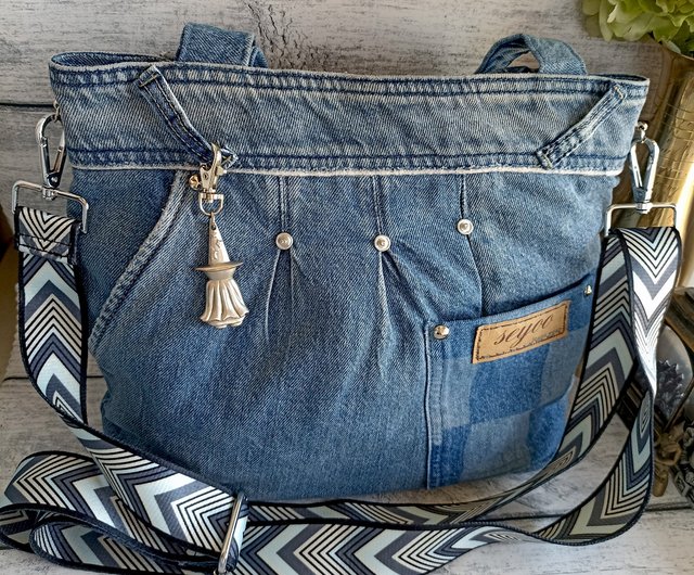 Handmade Jean Bag with Grey Handles, Upcycled Denim Bag with Zipper, Denim Tote Bag, Eco Friendly Cute Tote Bag with Pocket, Work newest Bag