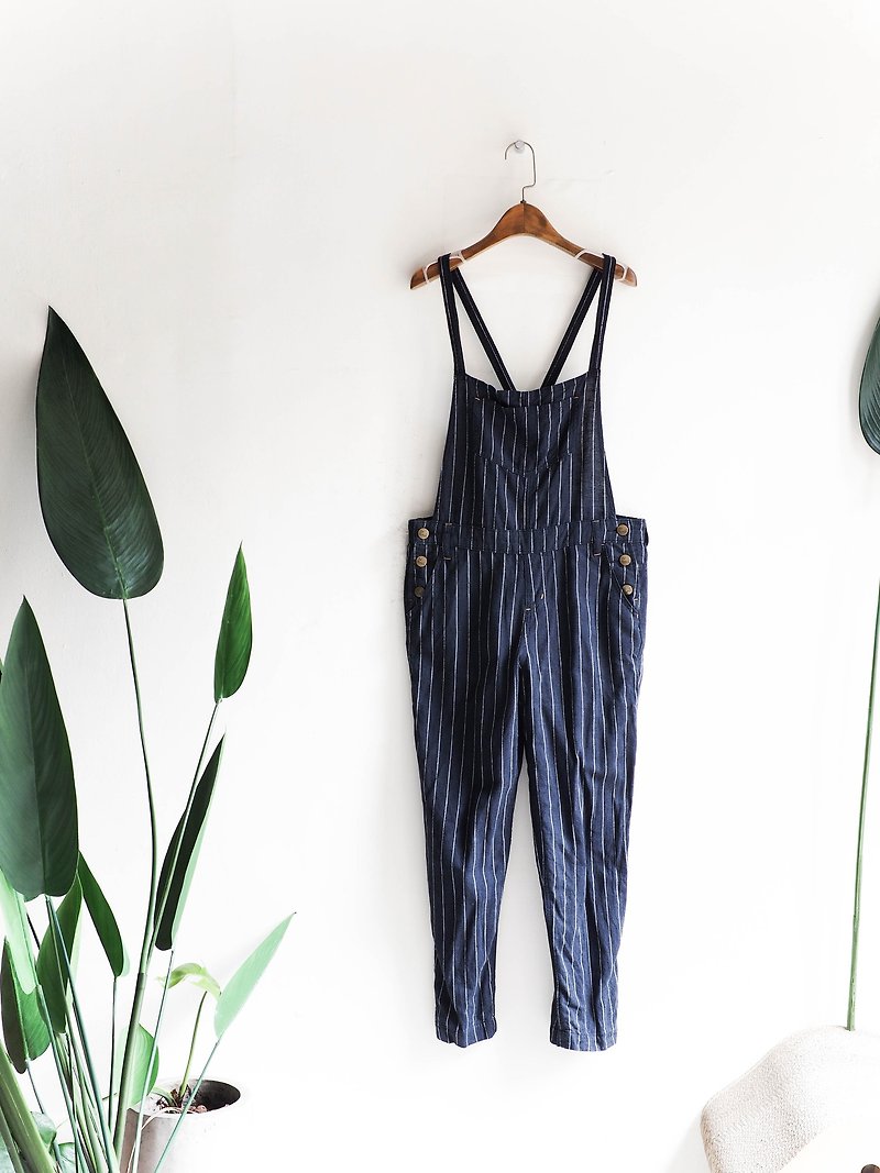 River Water Mountain - Kagawa Aqua Blue Pound Fluttering Independent Striped Antique Seamless Cotton Cool Sling Trousers Unisex overalls oversize vintage - จัมพ์สูท - ผ้าฝ้าย/ผ้าลินิน สีน้ำเงิน