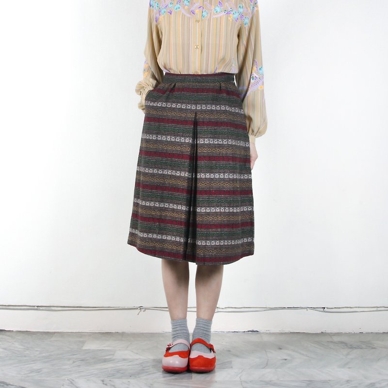 [Egg plant ancient] flowers and stripes ancient A word wool skirt - Skirts - Polyester Multicolor
