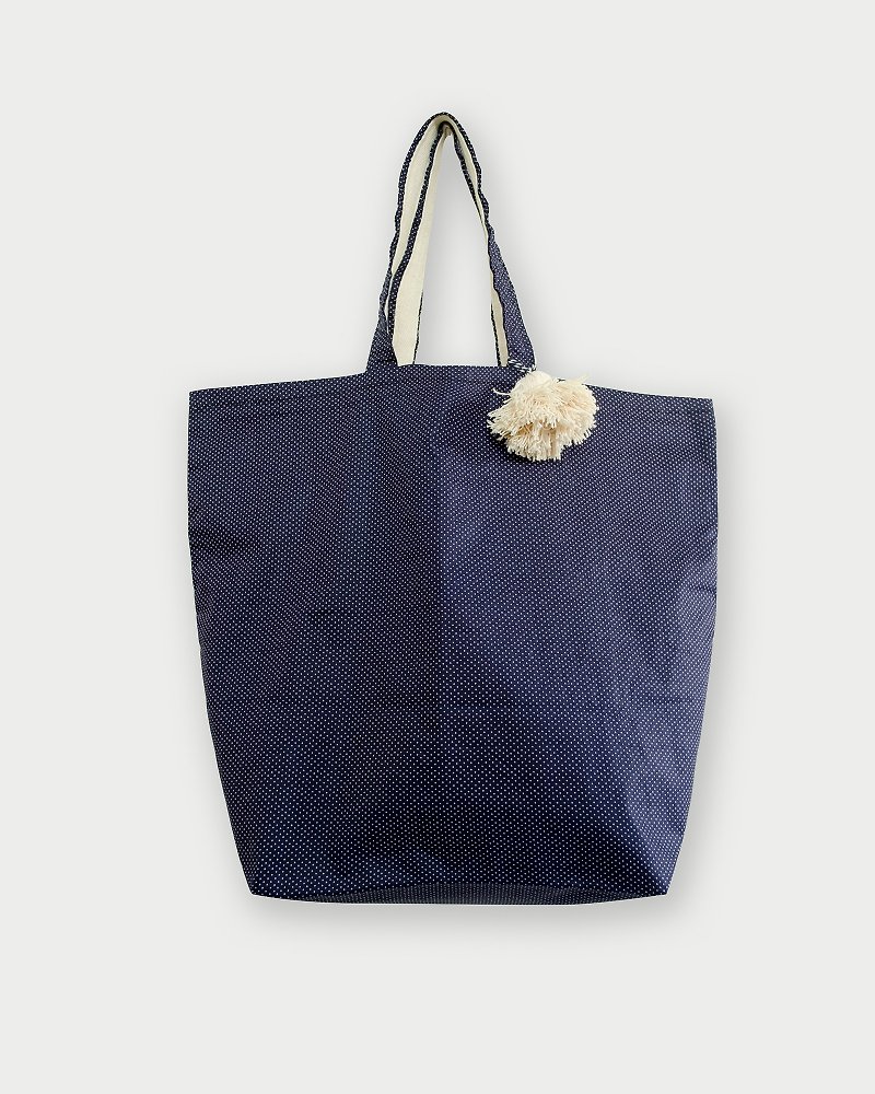 ファブリックバッグ|ラージマーケットバッグ -  Polkadot Bag（ネイビーカラー） - トート・ハンドバッグ - コットン・麻 ブルー