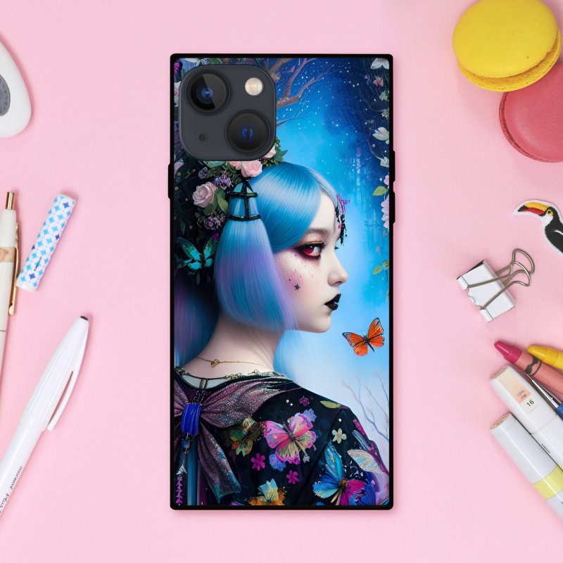 A cute girl with twin-tailed blue hair and black and pastel clothes , flower lover and butterflies, square smartphone case [tempered glass finish] compatible with iPhone 16 - เคส/ซองมือถือ - พลาสติก หลากหลายสี