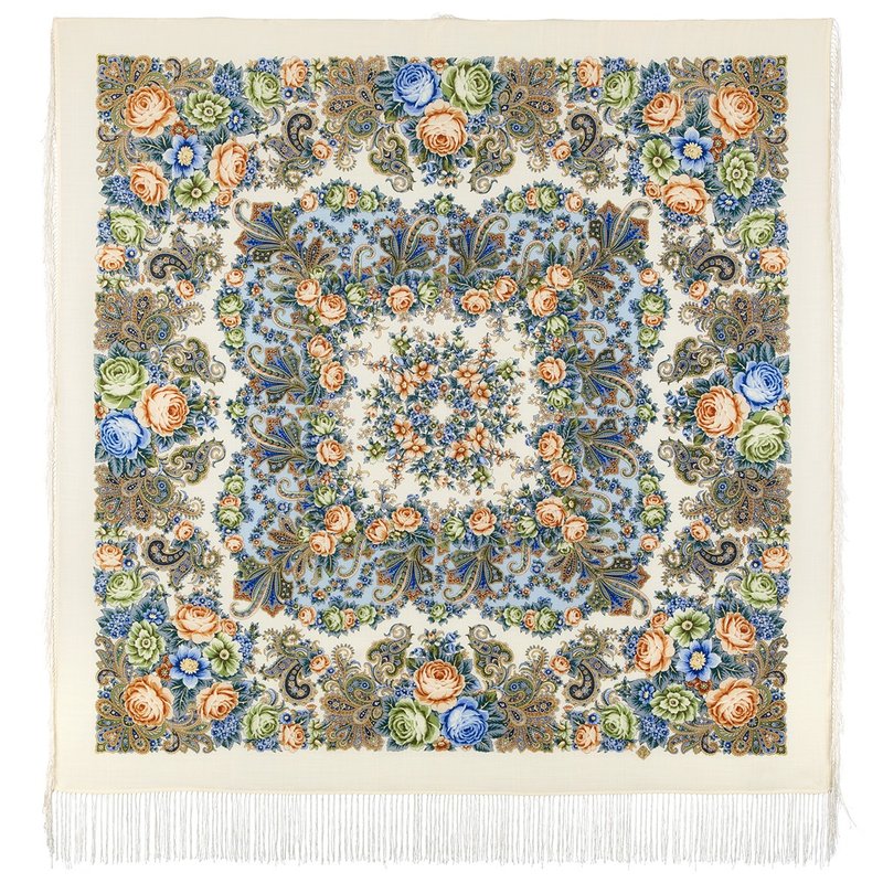Pavlovo Posad Russian Shawl 100% Wool Scarf 125x125 cm Wrap Silk Fringe 1824-0 - 絲巾 - 羊毛 多色