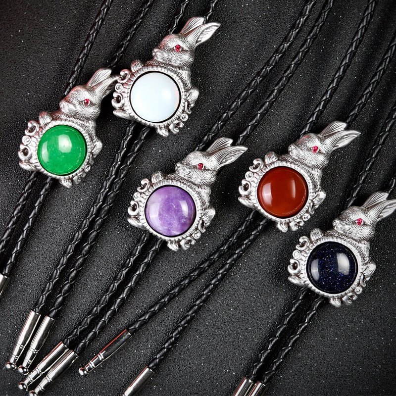 十二生肖 玉兔迎春 兔子 保羅領帶 Bolo Tie 真皮皮革領繩 長項鍊 - 領帶/領帶夾 - 真皮 銀色