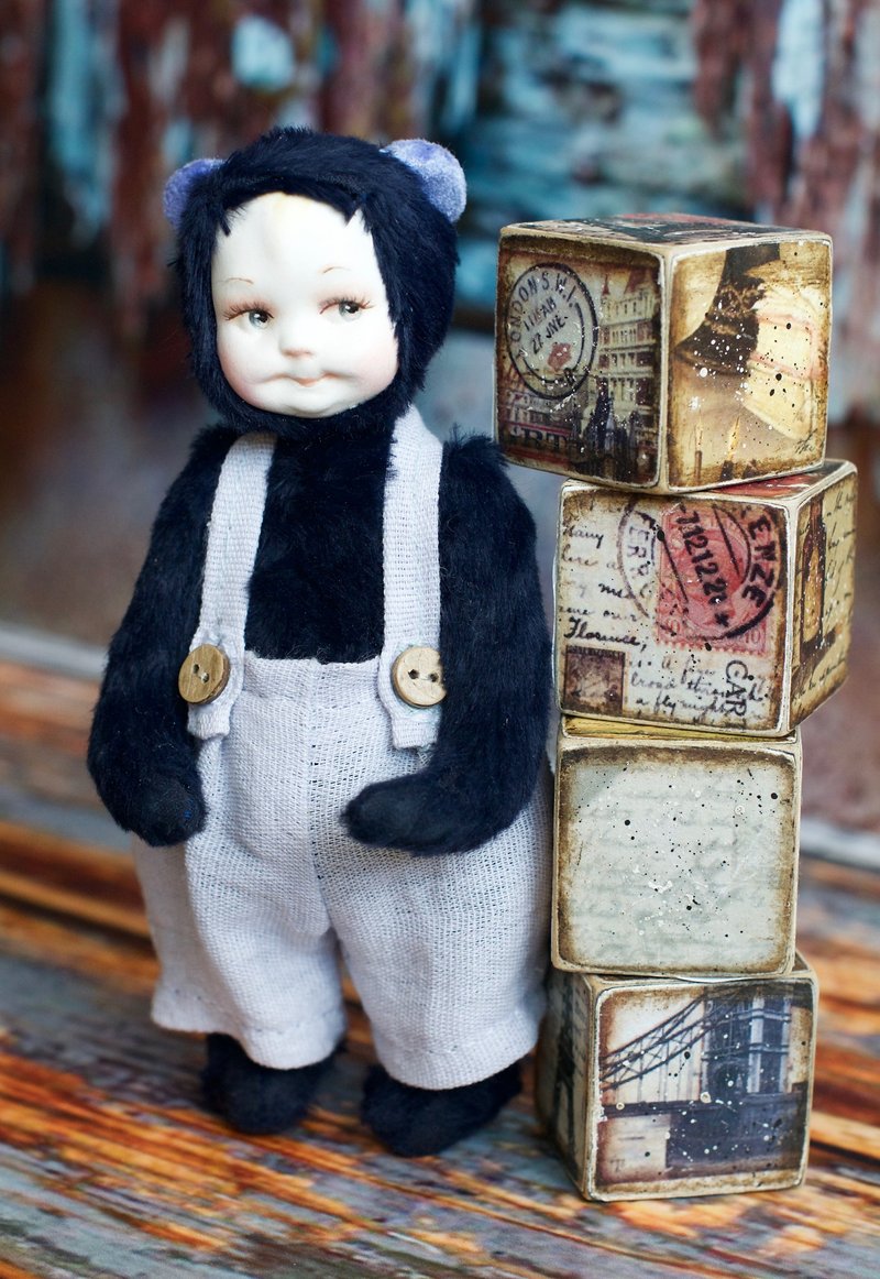 Baby bear teddy doll created with blue italian viscose with hand painted face - Stuffed Dolls & Figurines - Other Materials Blue