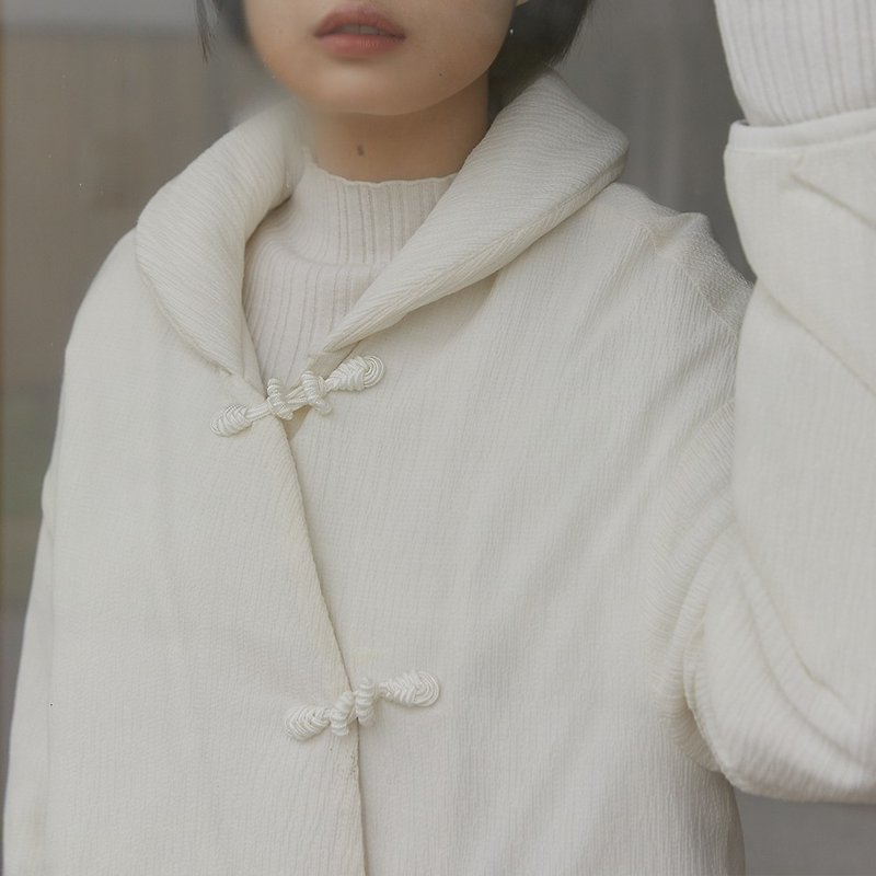 白2色のレトロなcheongsamプレートのバックルの綿の服の質感材料新しい中国のツイル長いセクションの綿のジャケットのコート - ジャケット - ウール ホワイト
