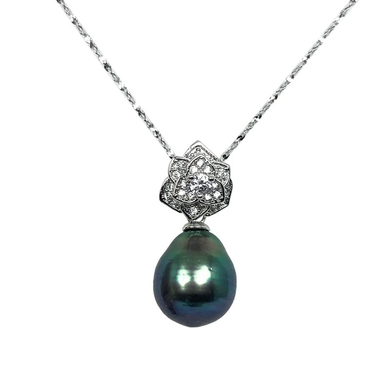 Natural Peacock Tahitian Baroque Pearl 925 Sterling Silver 18in Rose Necklace - Necklaces - Pearl Green