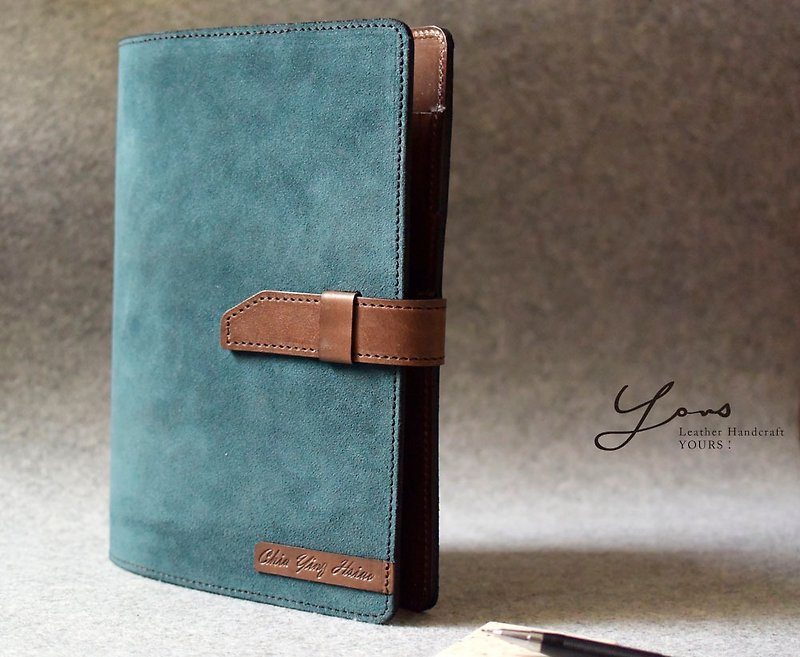 show stitching two-color with turquoise suede + dark wood leather - สมุดบันทึก/สมุดปฏิทิน - หนังแท้ 
