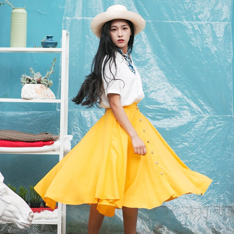 Annie Chen lemon juice original design 2016 summer new literary retro big swing skirts solid color cotton dress - Skirts - Cotton & Hemp Yellow